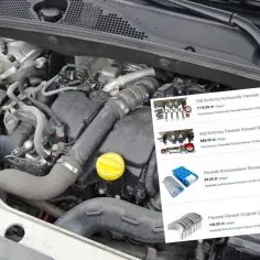 Silnik Renault Kangoo 1.5 dCi, widok z góry. Obok wyświetlacz z ofertami części, m.in. wał korbowy i panewki.