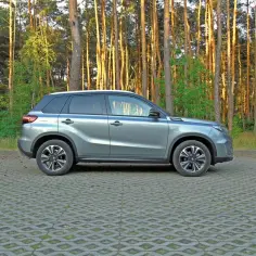 Szary Suzuki Vitara Hybrid zaparkowany na tle sosnowego lasu.