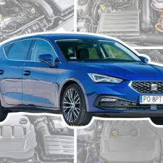 Niebieski Seat Leon 4 z nowoczesnym grillem i reflektorami, otoczony schematycznymi widokami silnika.
