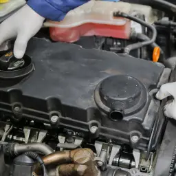 Mechanik w białych rękawiczkach sprawdza silnik, odkręcając korek oleju. Widać elementy rozrządu i płyn chłodniczy.