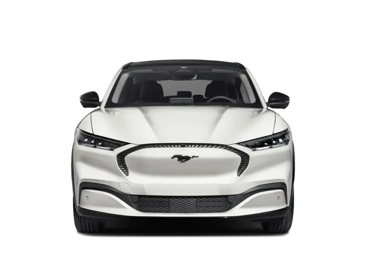 Biały Mustang Mach-E z czarnym dachem, z przodu, z logo galopującego konia.