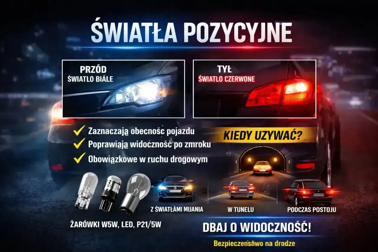 Światła postojowe: białe z przodu, czerwone z tyłu. Poprawiają widoczność po zmroku, są obowiązkowe. Używaj ich w tunelu i podczas postoju.