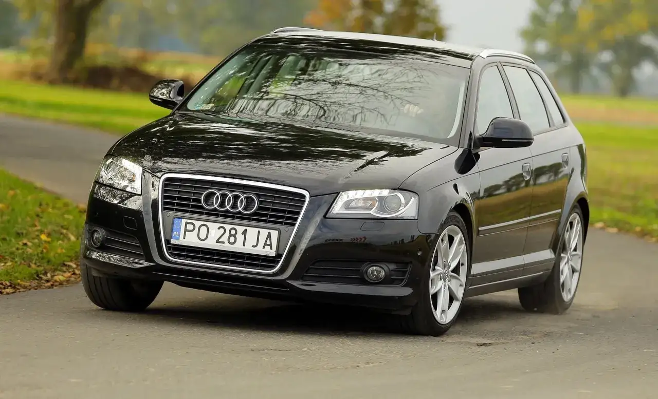 Czarny Audi 8P na drodze, z zielonymi polami w tle.