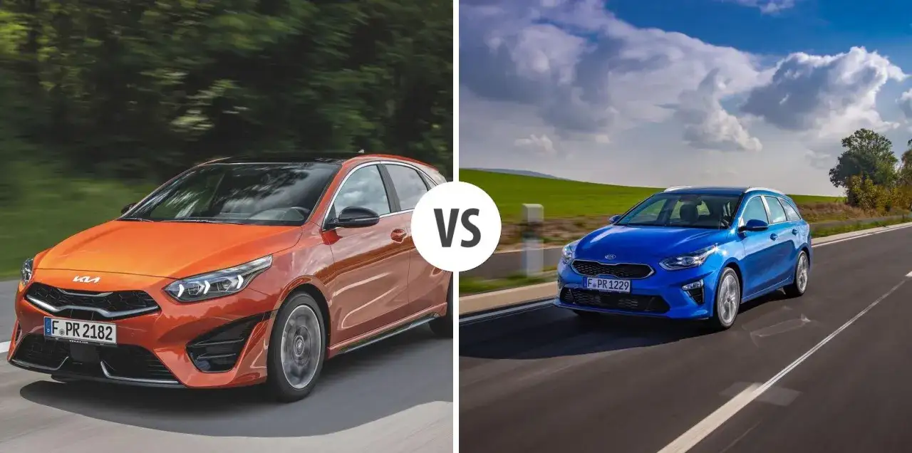 Pomarańczowy i niebieski Kia Ceed na drodze. Porównanie modeli, sprawdź kia ceed wymiary.