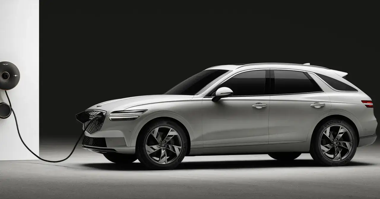 Biały Genesis GV70 naładuje się w domu. Elegancki SUV z nowoczesną ładowarką ścienną.